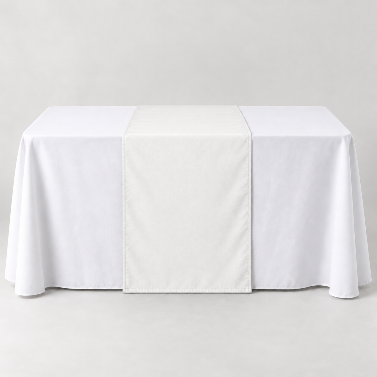 Blank Performance White 30 × 60 inch table runner displayed over a white event table