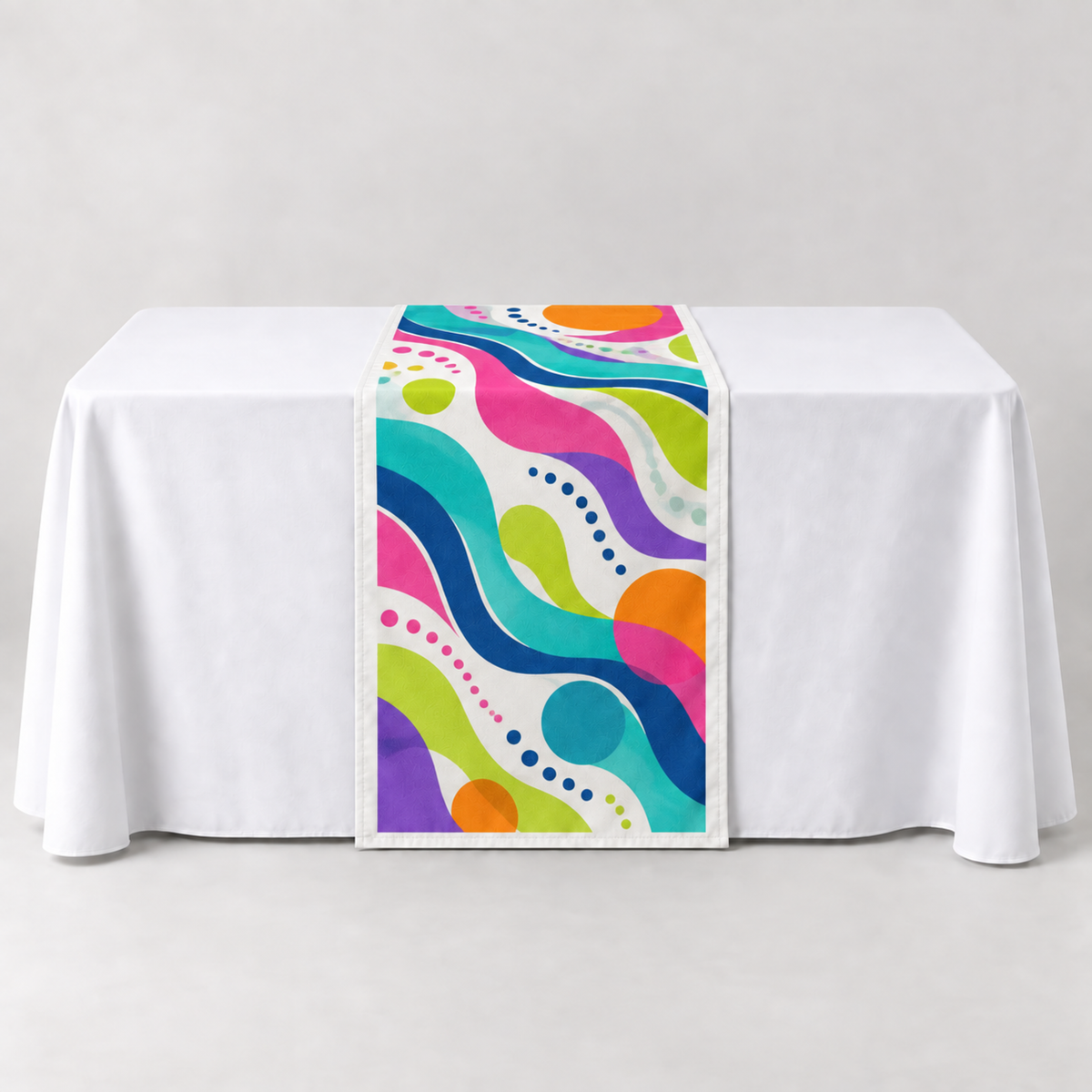 Performance White 30 × 60 inch table runner with a vibrant organic custom-print example