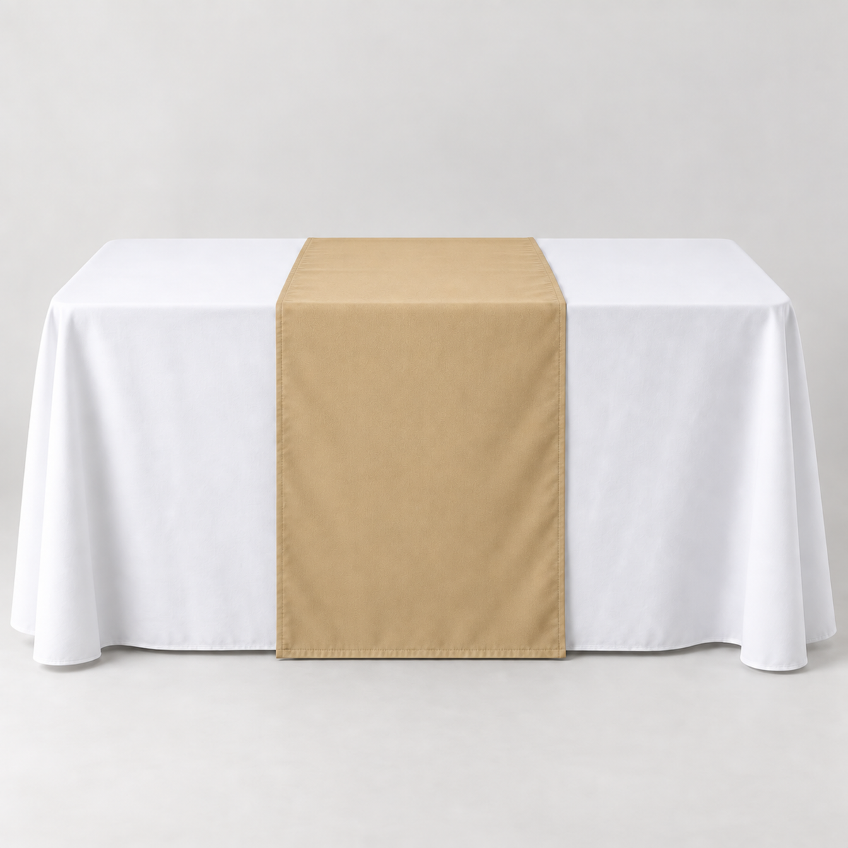 Blank Sand 30 × 60 inch table runner displayed over a white event table
