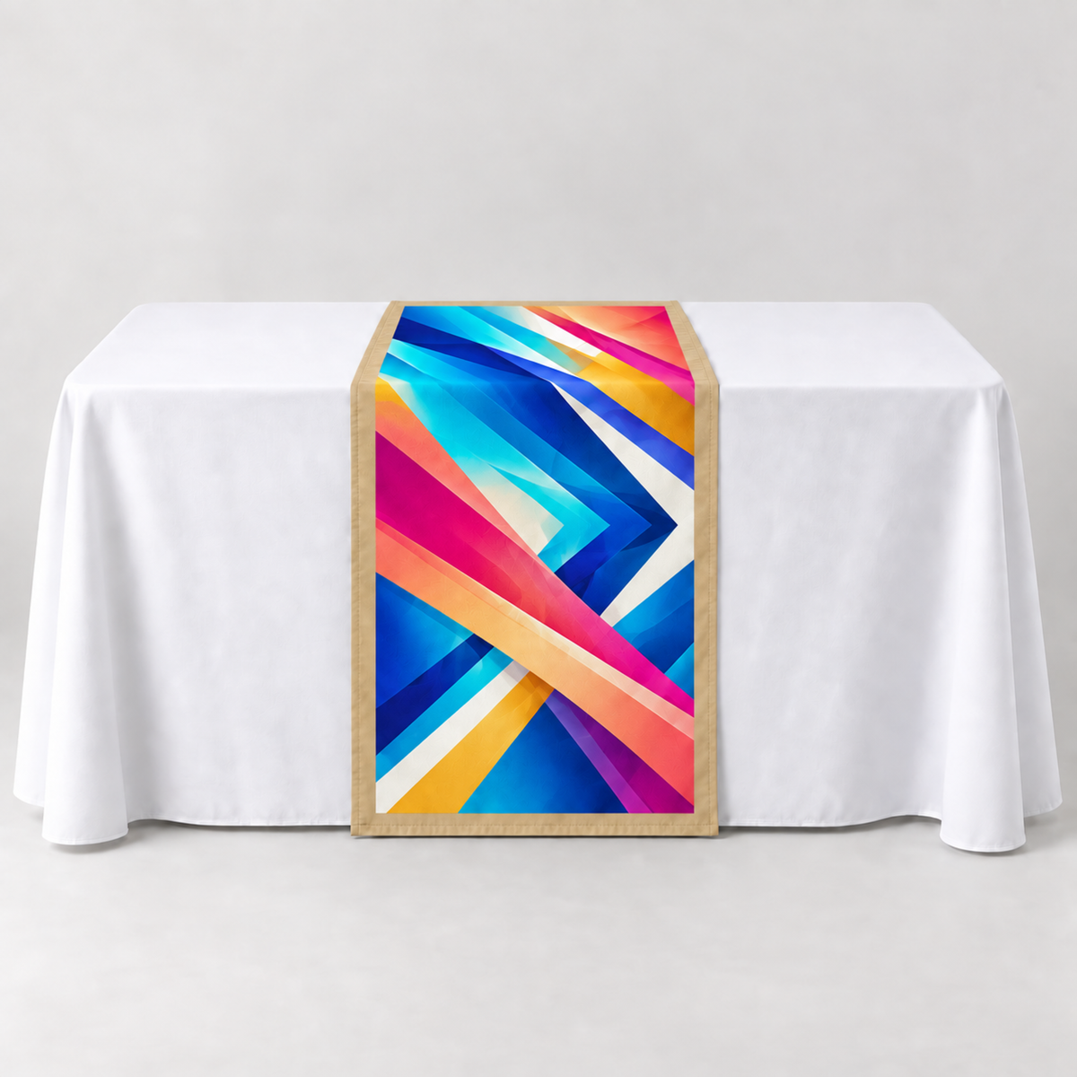 Sand 30 × 60 inch table runner with a vibrant geometric custom-print example