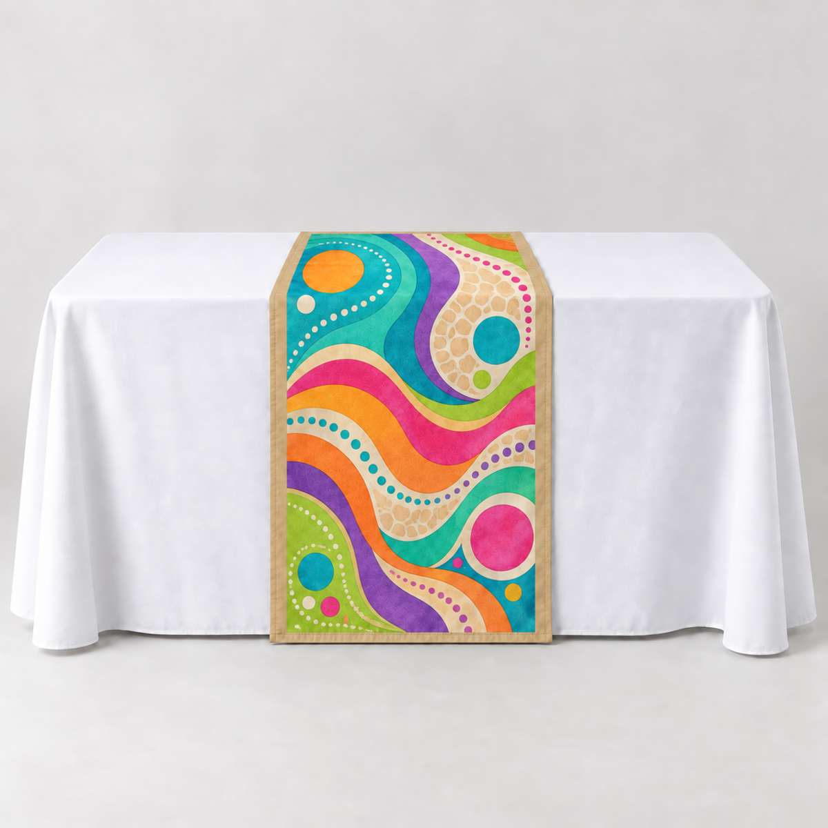 Sand 30 × 60 inch table runner with a vibrant organic custom-print example