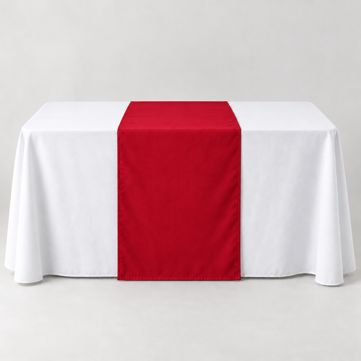 Blank Scarlet Red 30 × 60 inch table runner displayed over a white event table