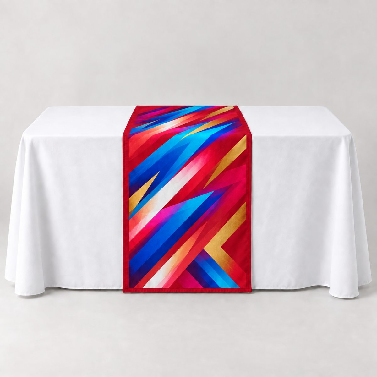 Scarlet Red 30 × 60 inch table runner with a vibrant geometric custom-print example
