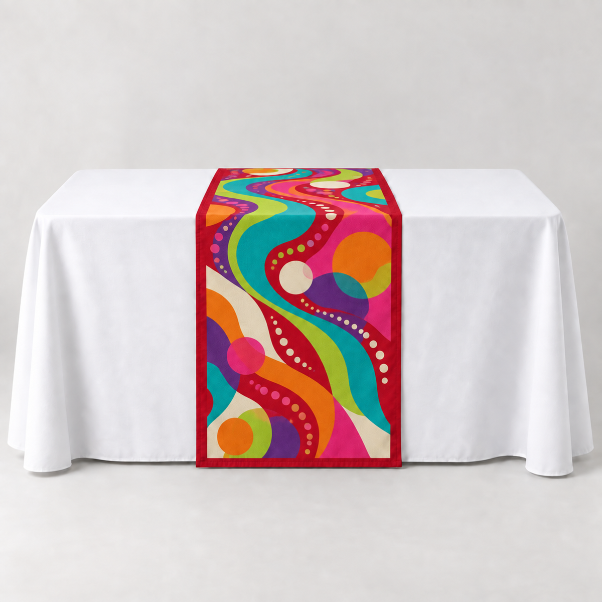 Scarlet Red 30 × 60 inch table runner with a vibrant organic custom-print example