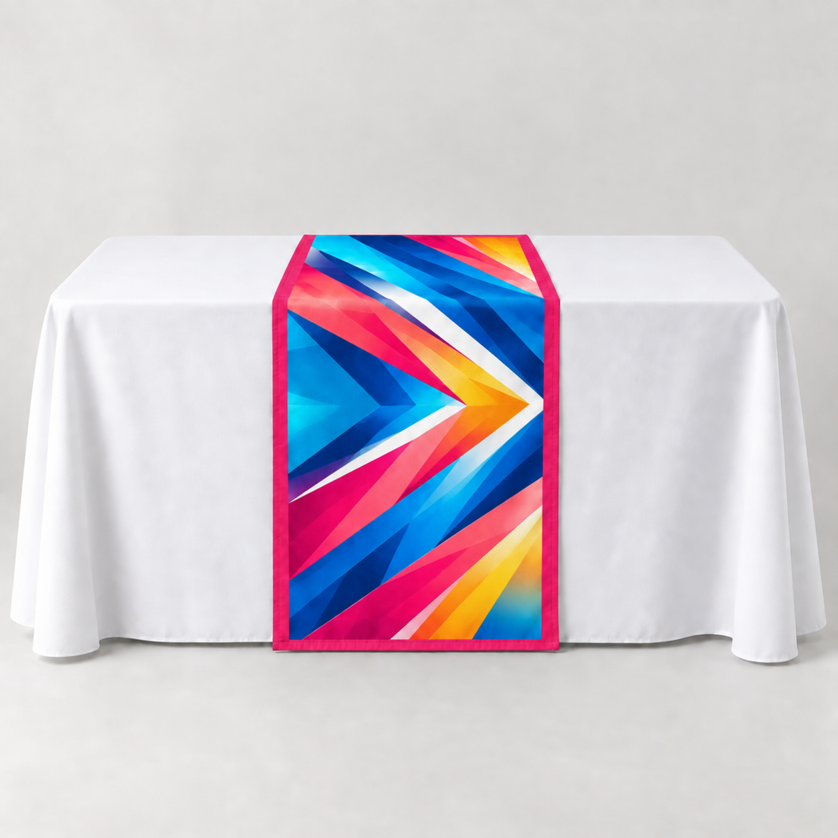 Sport Pink 30 × 60 inch table runner with a vibrant geometric custom-print example