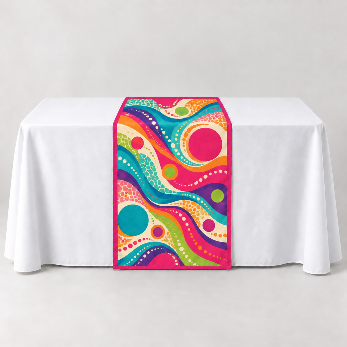 Sport Pink 30 × 60 inch table runner with a vibrant organic custom-print example