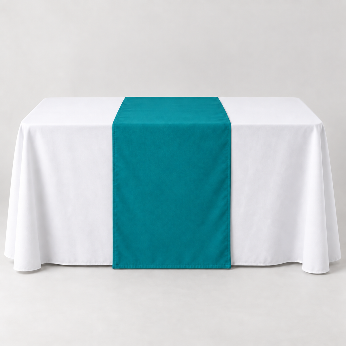 Blank Teal 30 × 60 inch table runner displayed over a white event table