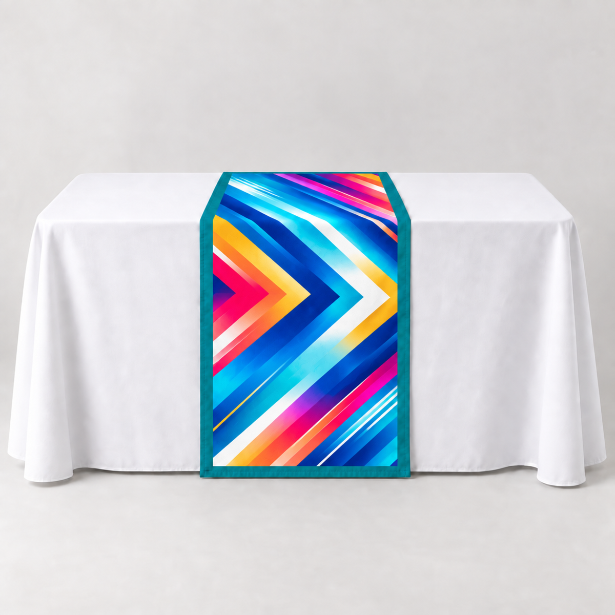 Teal 30 × 60 inch table runner with a vibrant geometric custom-print example