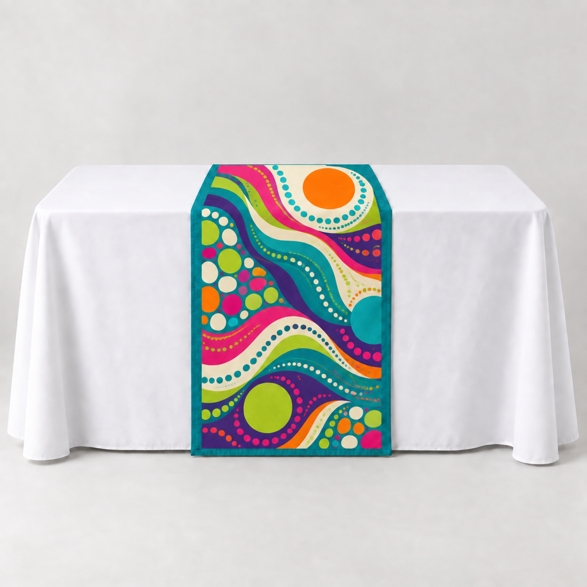 Teal 30 × 60 inch table runner with a vibrant organic custom-print example