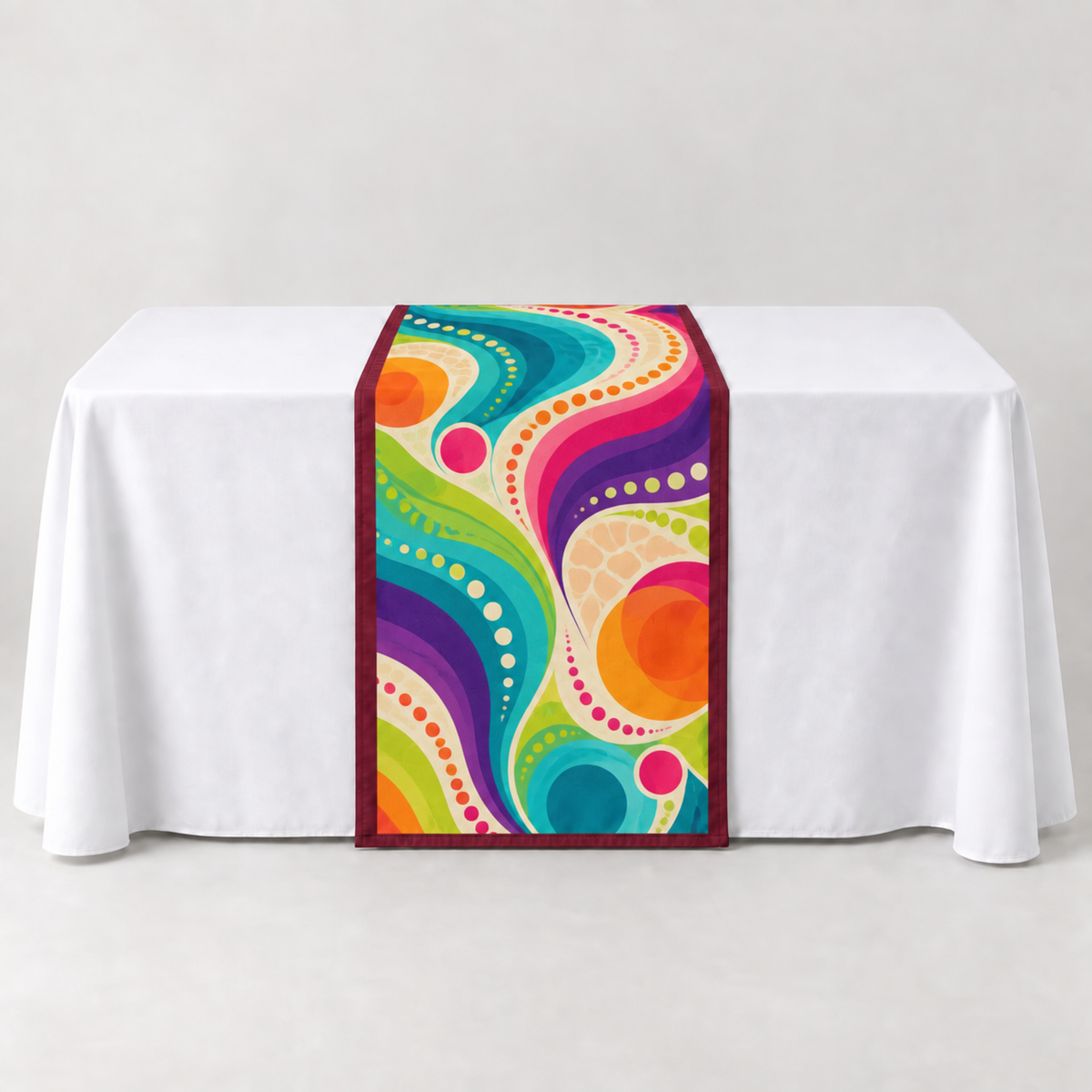 Team Maroon 30 × 60 inch table runner with a vibrant organic custom-print example