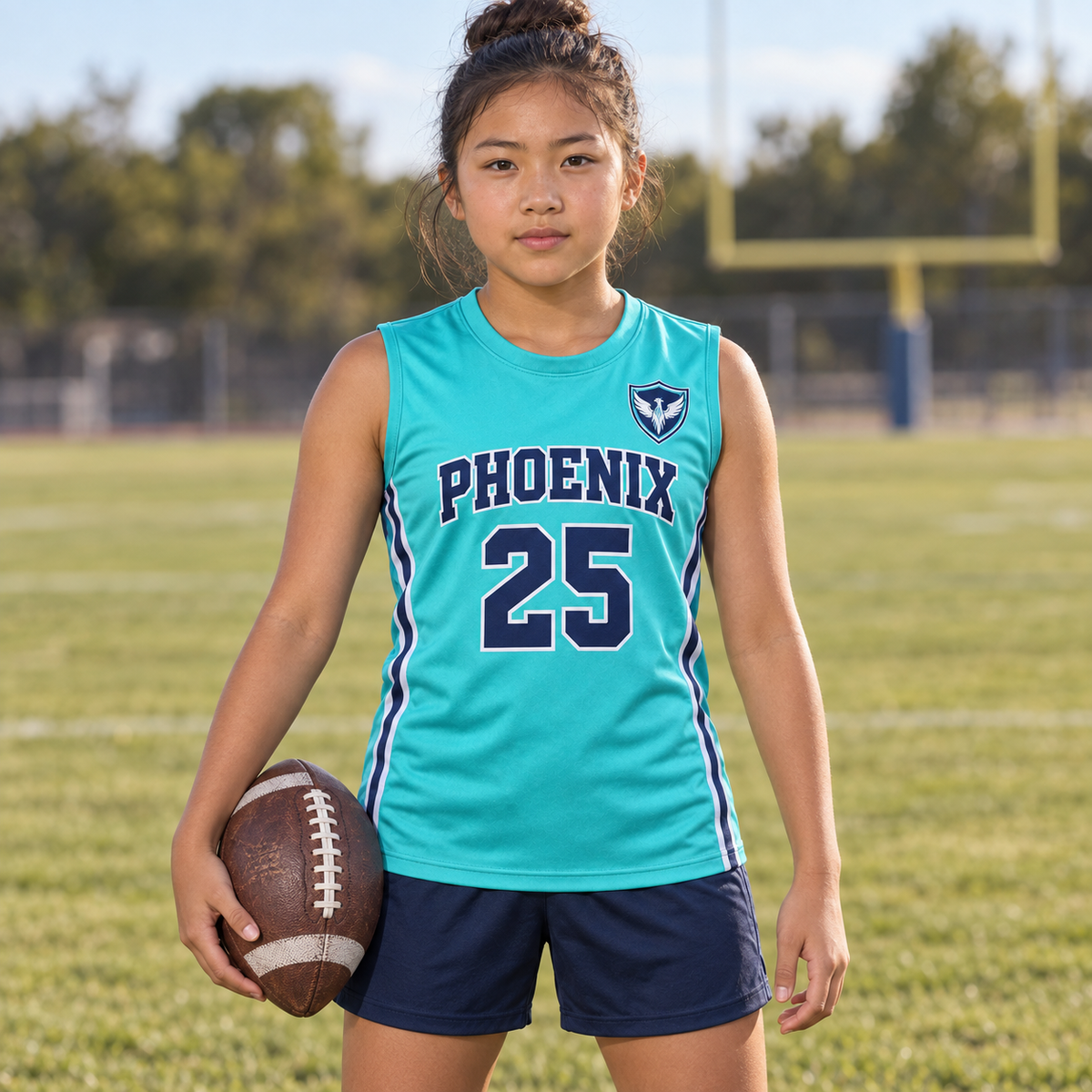 Aqua custom 7-on-7 football jersey on a girl, front campaign view with crest and number 25; AI-generated customization example