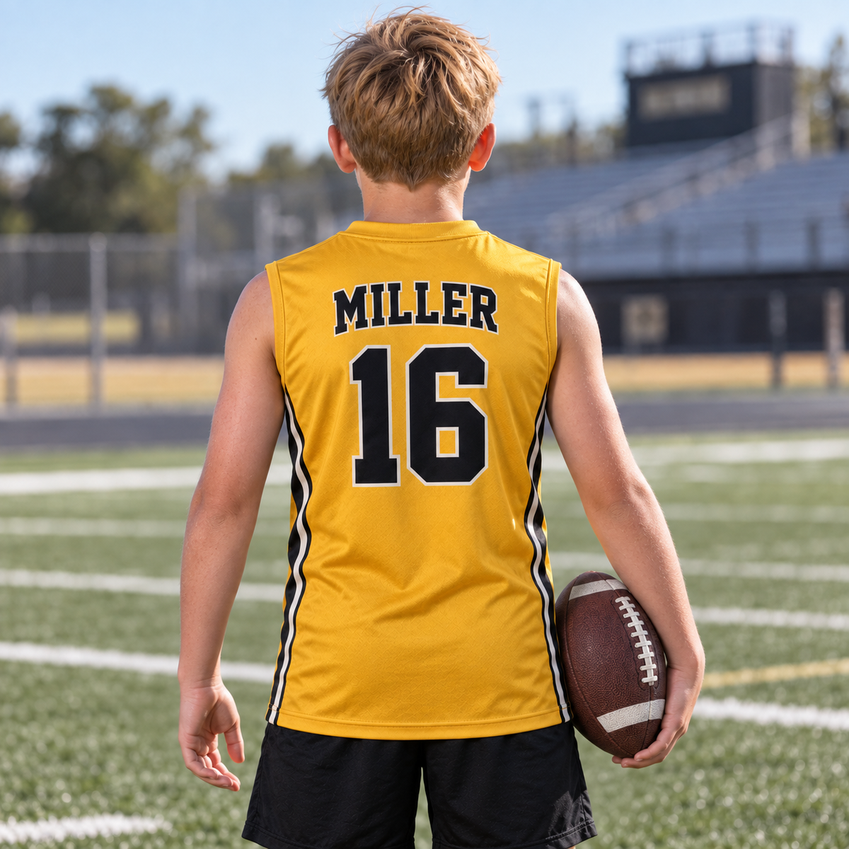 Athletic Gold custom 7-on-7 football jersey on a boy, back campaign view with MILLER and number 16; AI-generated customization example