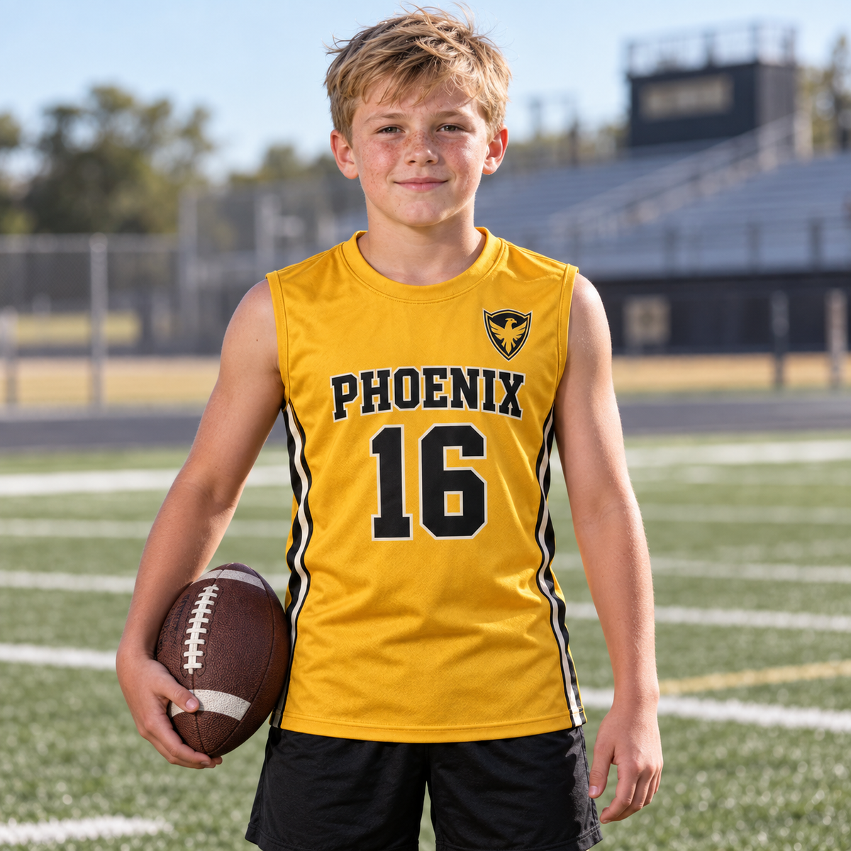 Athletic Gold custom 7-on-7 football jersey on a boy, front campaign view with crest and number 16; AI-generated customization example