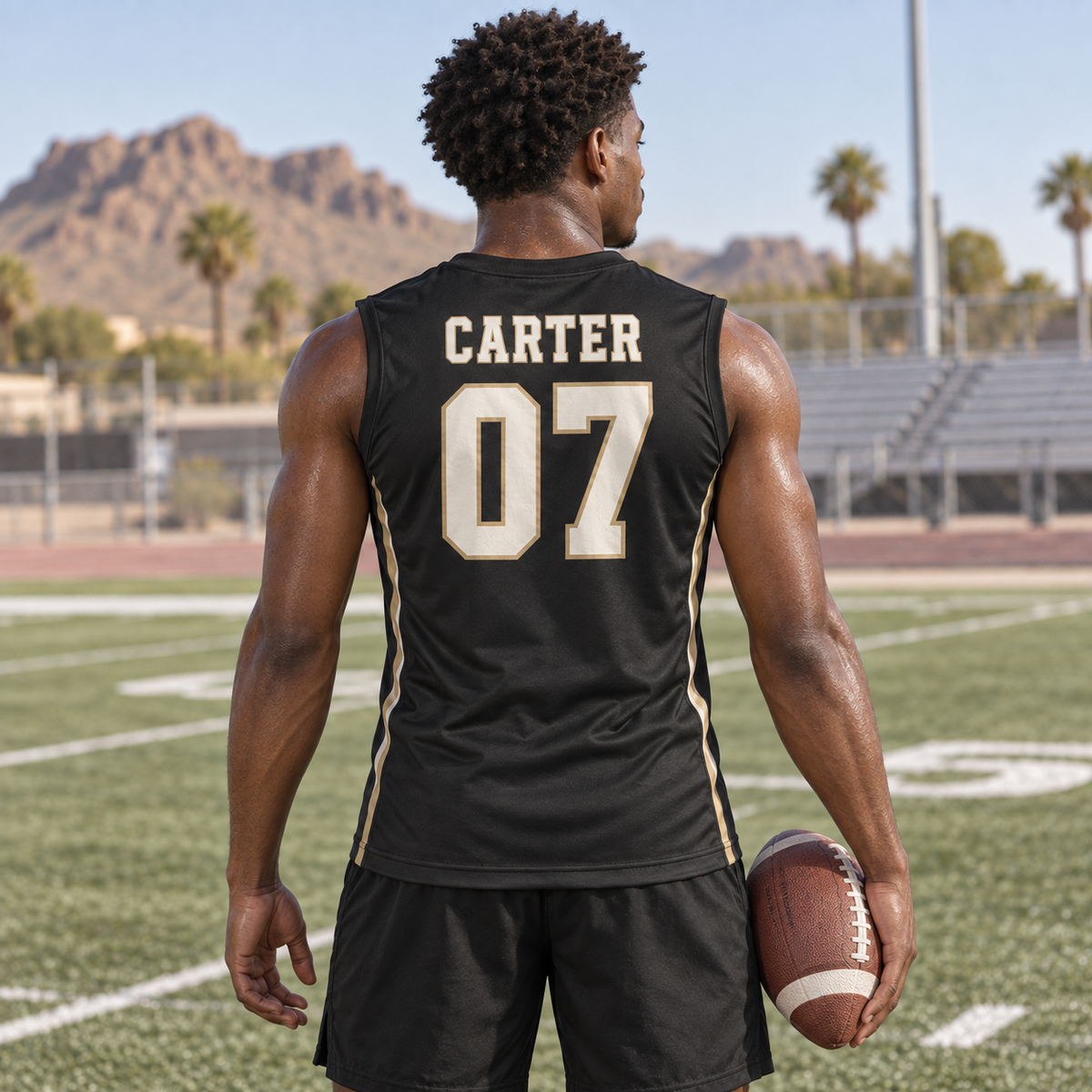 Black custom 7-on-7 football jersey on a man, back campaign view with CARTER and number 07; AI-generated customization example
