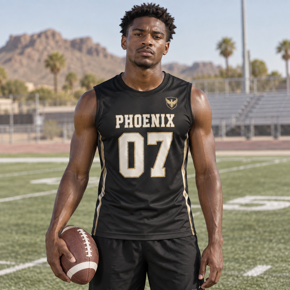 Black custom 7-on-7 football jersey, front campaign view with crest and number 07; AI-generated customization example