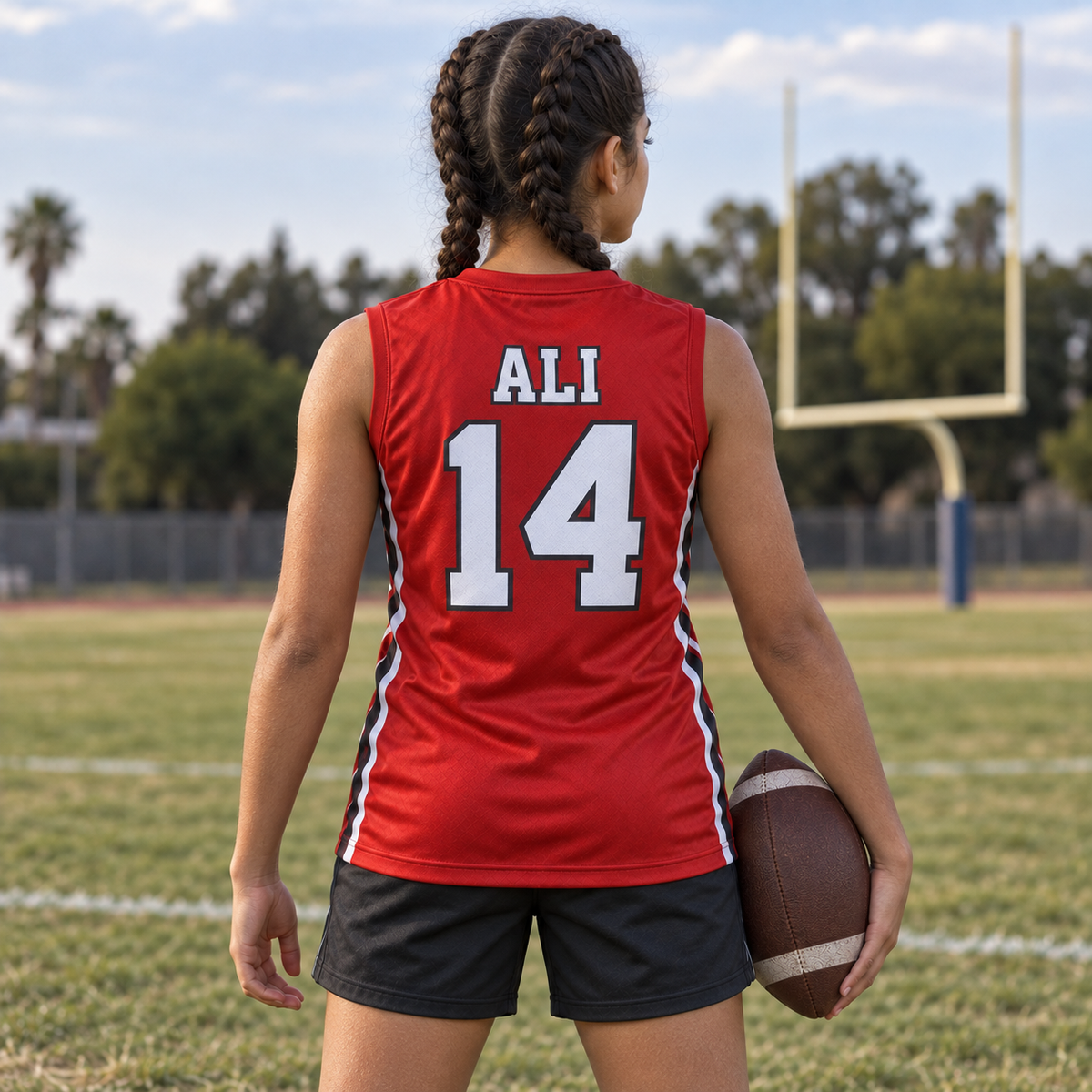 Cardinal Red custom 7-on-7 football jersey on a girl, back campaign view with ALI and number 14; AI-generated customization example