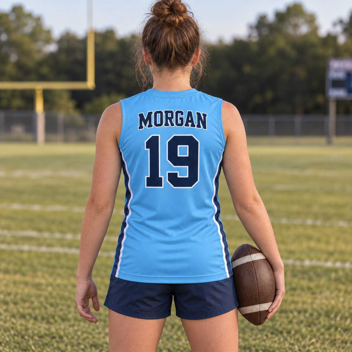 Carolina Blue custom 7-on-7 football jersey on a girl, back campaign view with MORGAN and number 19; AI-generated customization example