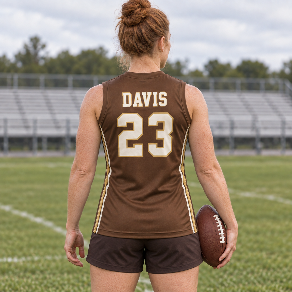 Chocolate Brown custom 7-on-7 football jersey on a woman, back campaign view with DAVIS and number 23; AI-generated customization example