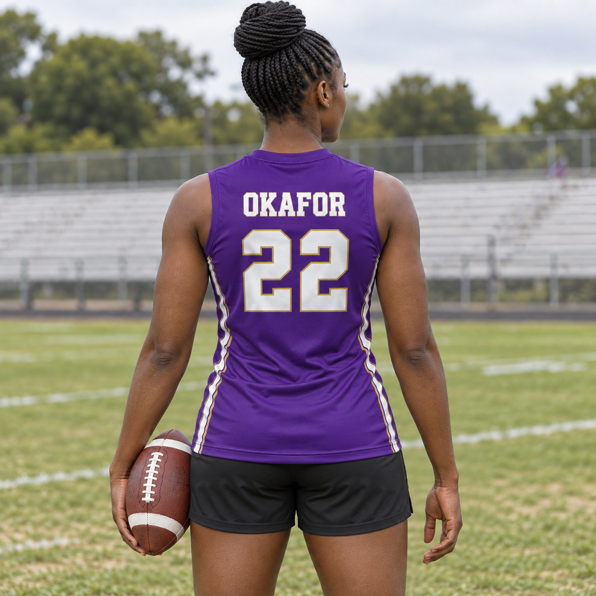 Deep Purple custom 7-on-7 football jersey on a woman, back campaign view with OKAFOR and number 22; AI-generated customization example
