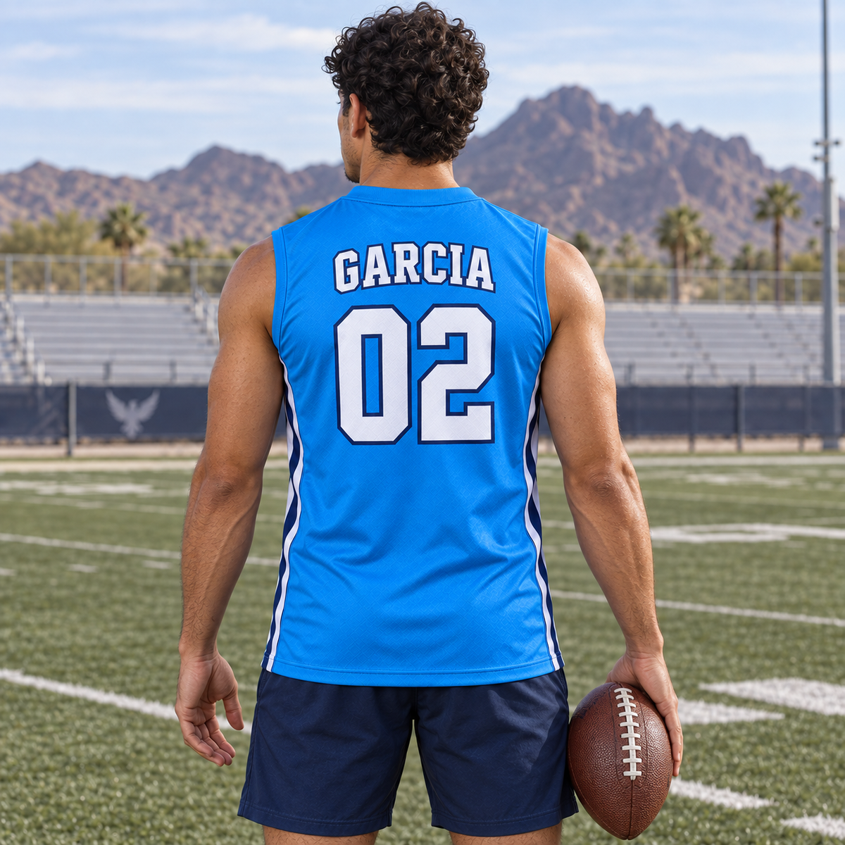 Electric Blue custom 7-on-7 football jersey on a man, back campaign view with GARCIA and number 02; AI-generated customization example