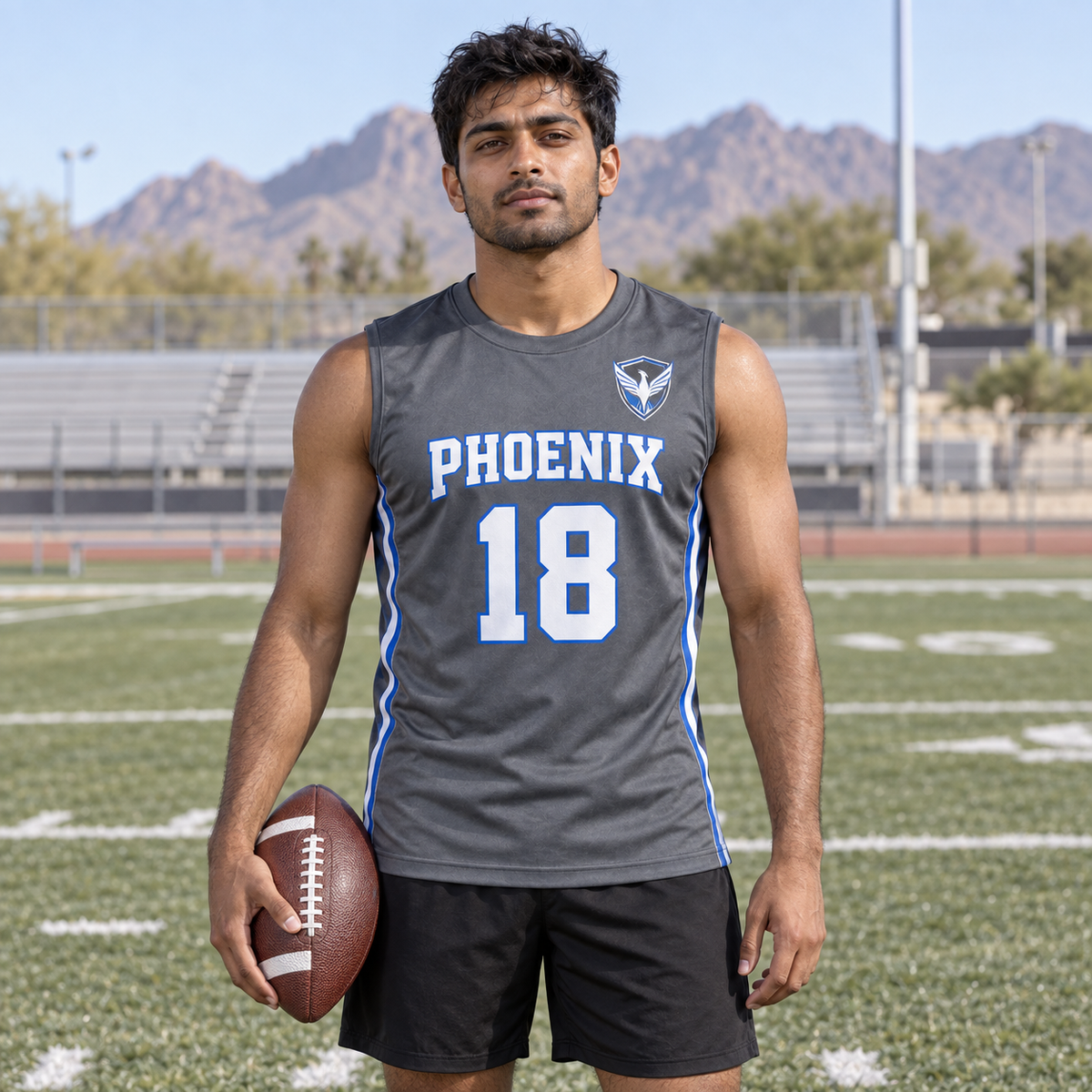 Graphite custom 7-on-7 football jersey on a man, front campaign view with crest and number 18; AI-generated customization example