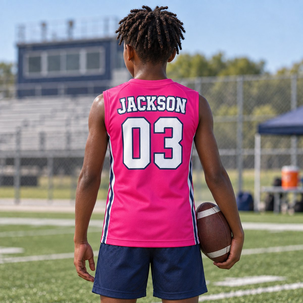Hot Pink custom 7-on-7 football jersey on a boy, back campaign view with JACKSON and number 03; AI-generated customization example