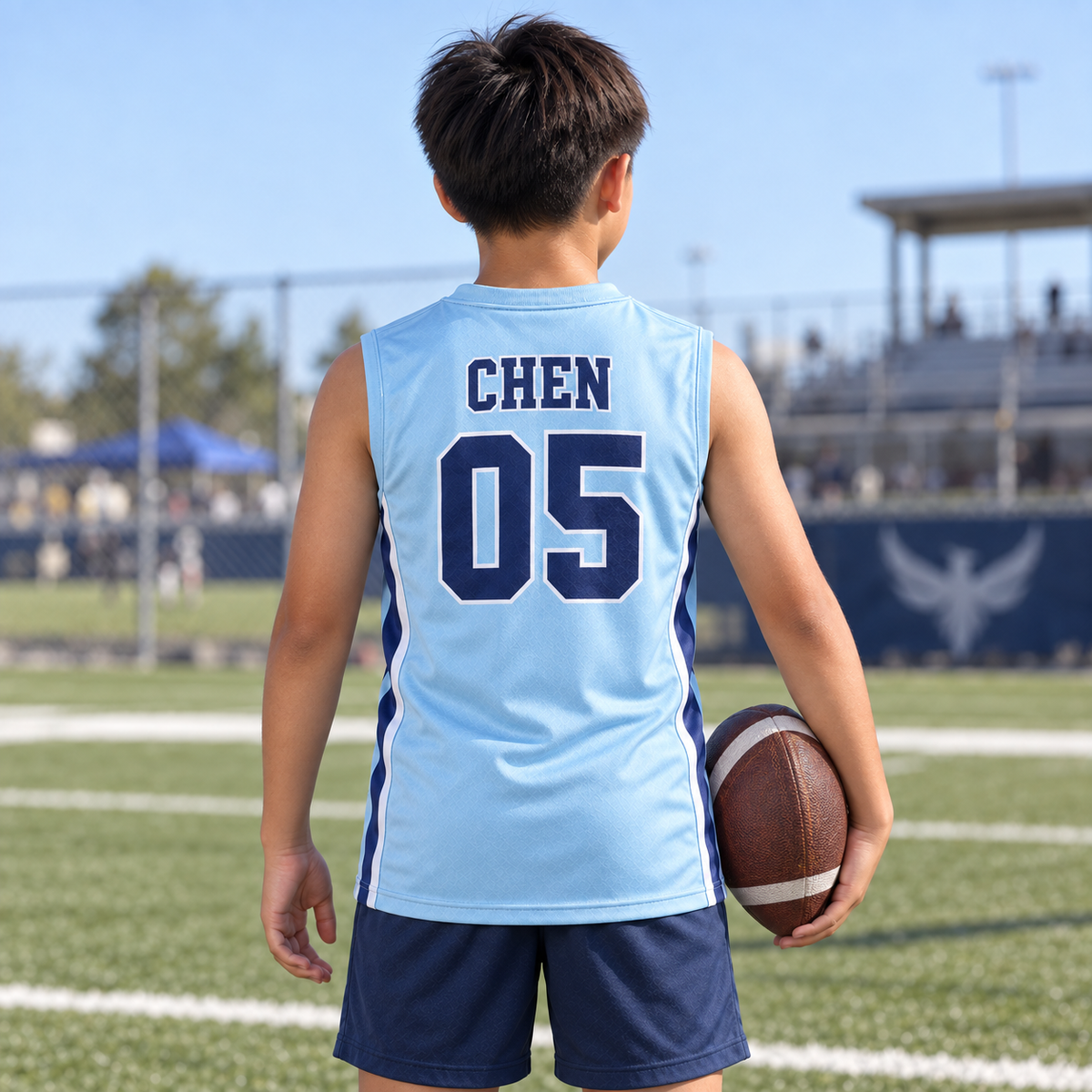 Ice Blue custom 7-on-7 football jersey on a boy, back campaign view with CHEN and number 05; AI-generated customization example