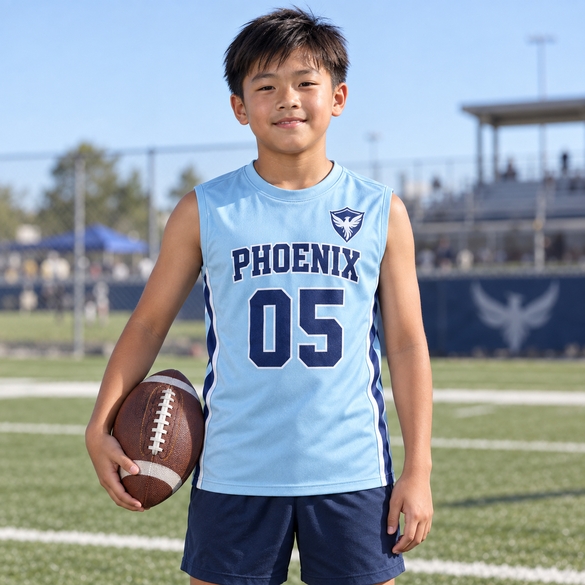 Ice Blue custom 7-on-7 football jersey on a boy, front campaign view with crest and number 05; AI-generated customization example