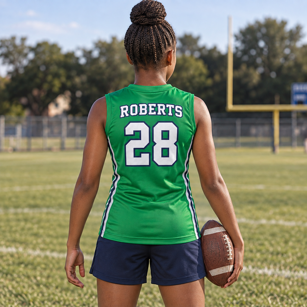 Kelly Green custom 7-on-7 football jersey on a girl, back campaign view with ROBERTS and number 28; AI-generated customization example
