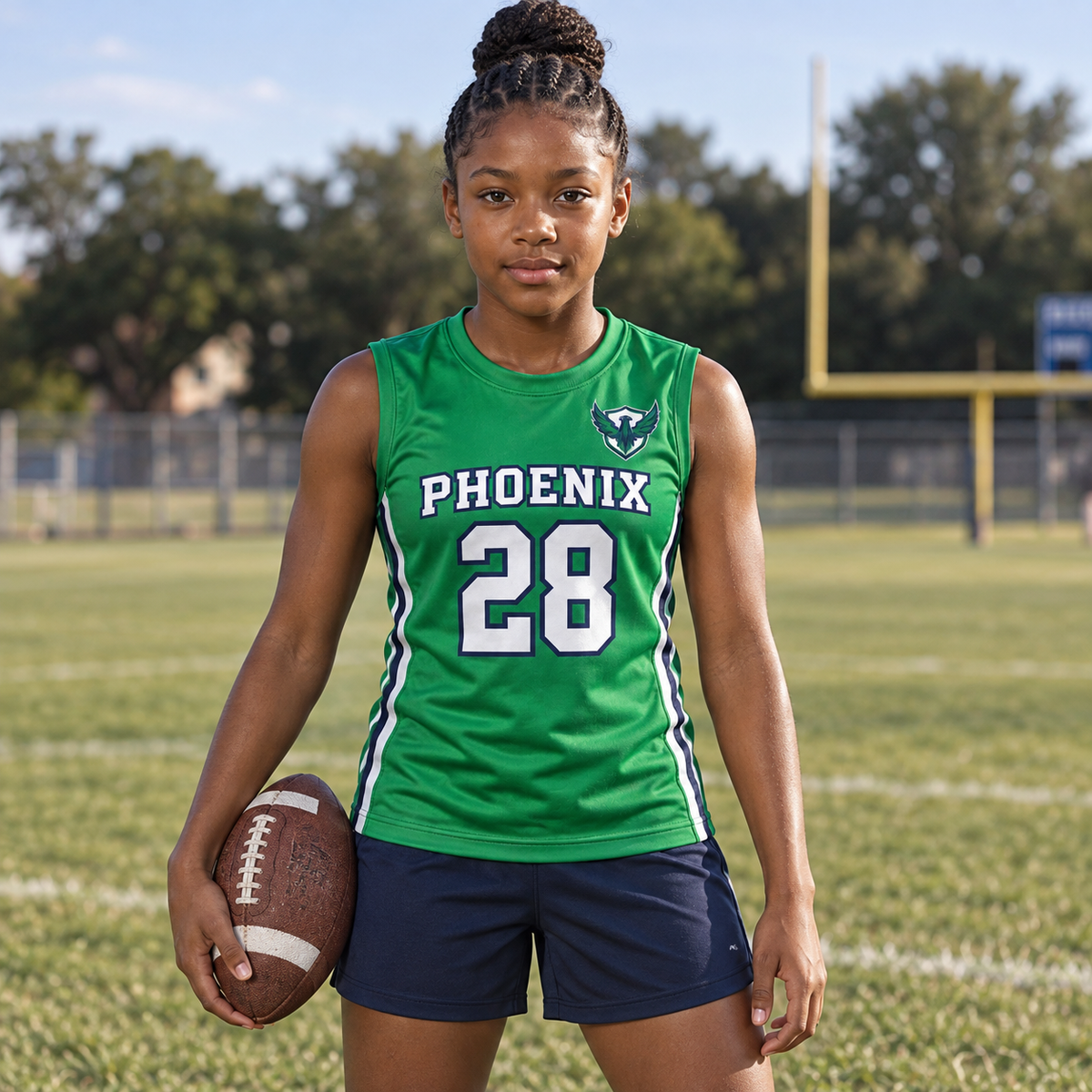 Kelly Green custom 7-on-7 football jersey on a girl, front campaign view with crest and number 28; AI-generated customization example