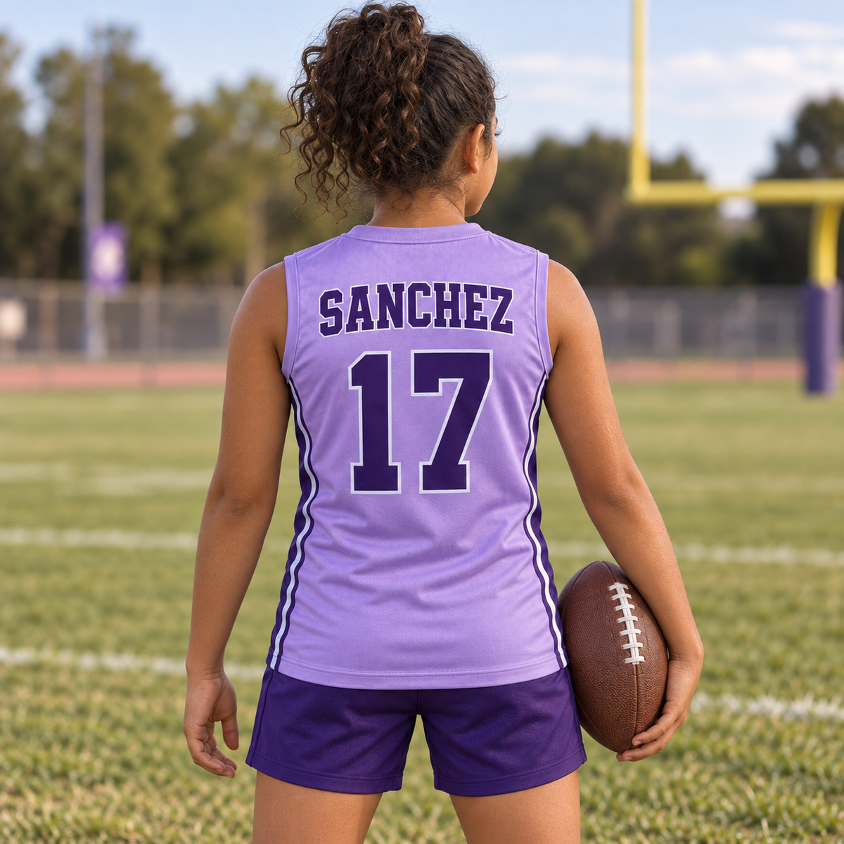 Lavender custom 7-on-7 football jersey on a girl, back campaign view with SANCHEZ and number 17; AI-generated customization example