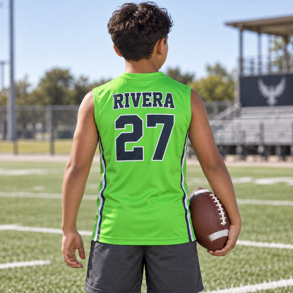Lime Green custom 7-on-7 football jersey on a boy, back campaign view with RIVERA and number 27; AI-generated customization example
