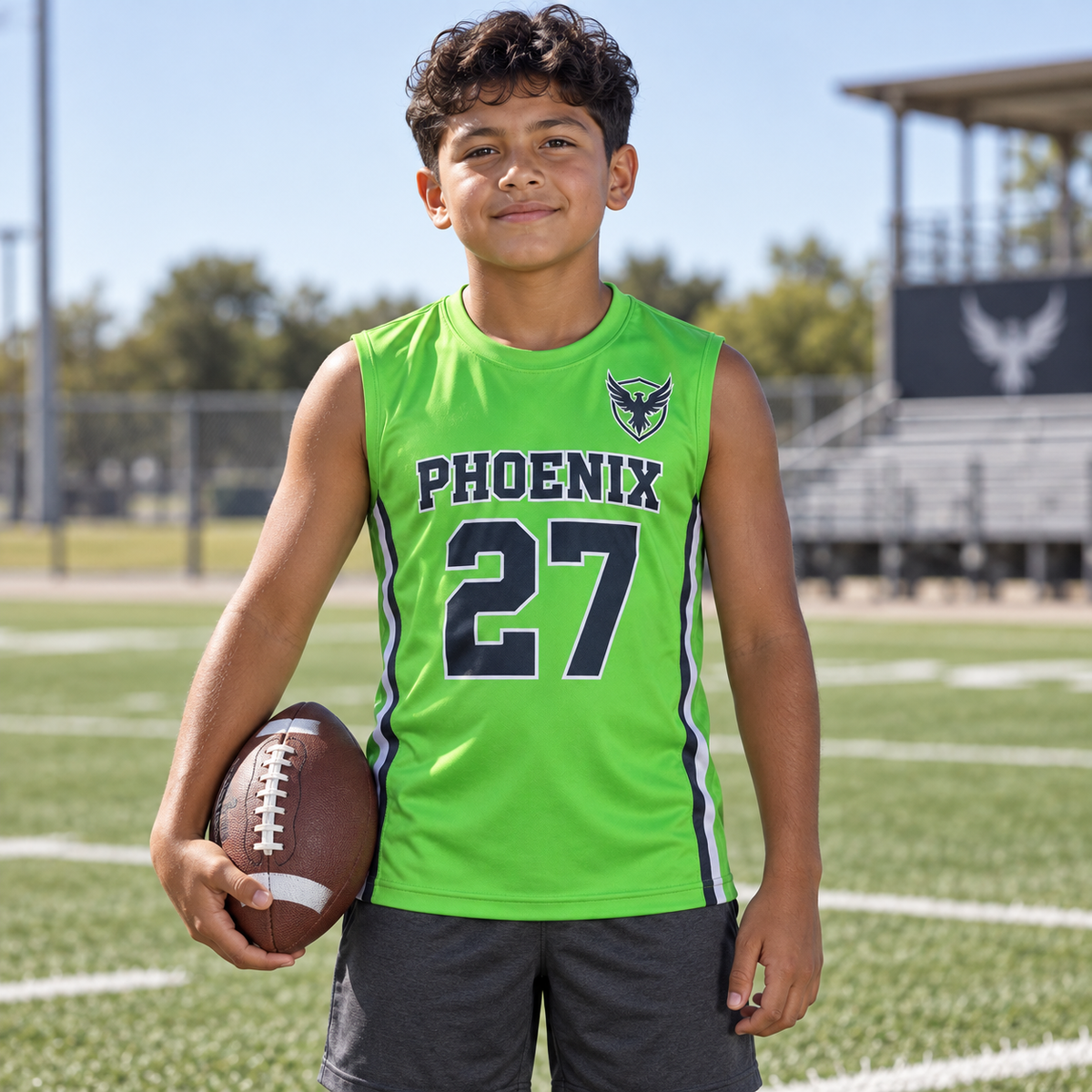 Lime Green custom 7-on-7 football jersey on a boy, front campaign view with crest and number 27; AI-generated customization example