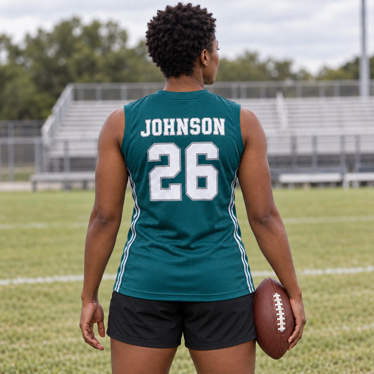 Midnight Green custom 7-on-7 football jersey on a woman, back campaign view with JOHNSON and number 26; AI-generated customization example
