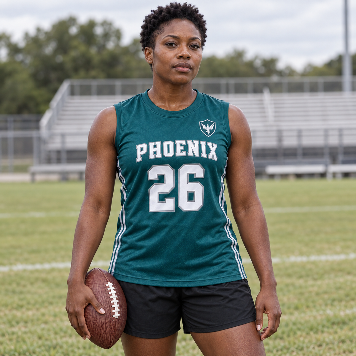 Midnight Green custom 7-on-7 football jersey on a woman, front campaign view with crest and number 26; AI-generated customization example