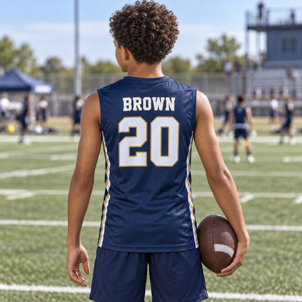 Navy custom 7-on-7 football jersey on a boy, back campaign view with BROWN and number 20; AI-generated customization example