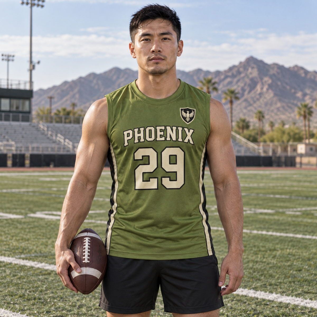 Olive Green custom 7-on-7 football jersey on a man, front campaign view with crest and number 29; AI-generated customization example