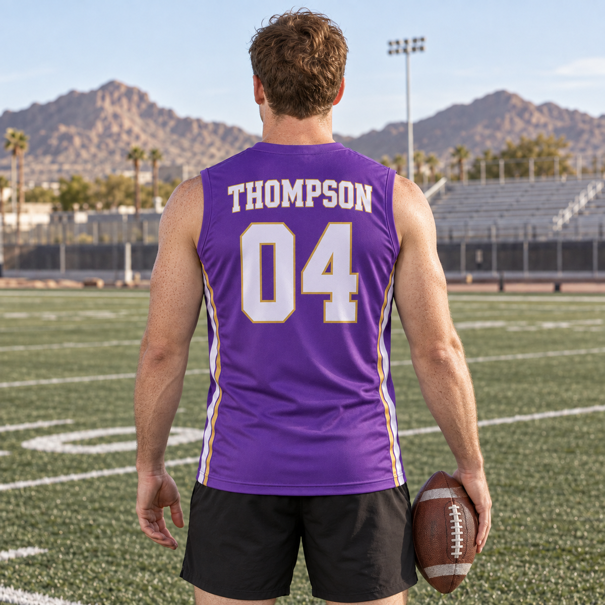 Purple custom 7-on-7 football jersey on a man, back campaign view with THOMPSON and number 04; AI-generated customization example