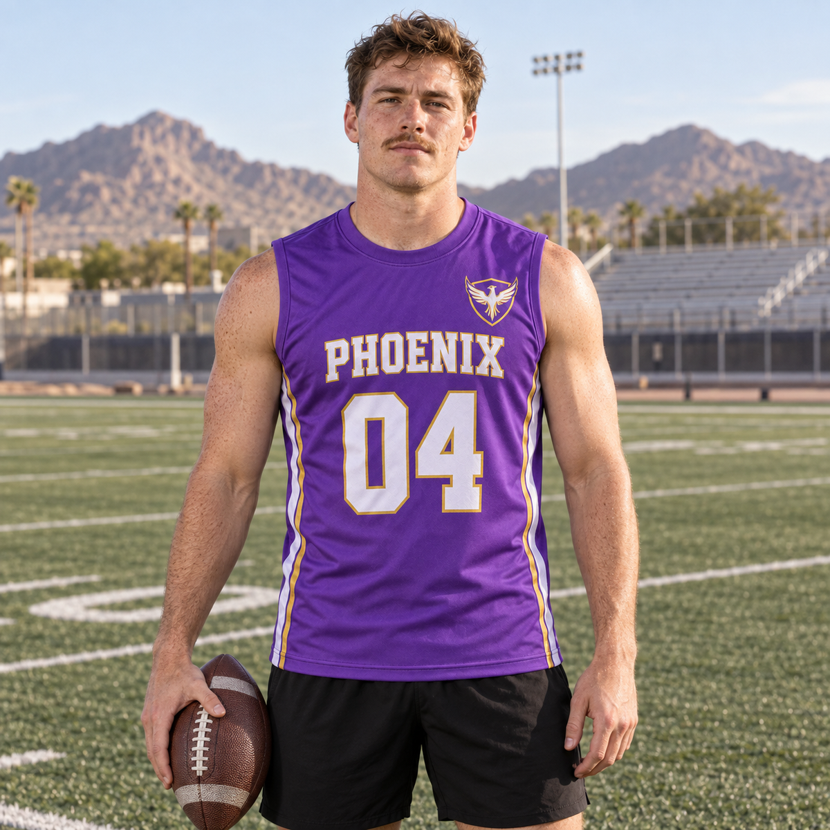 Purple custom 7-on-7 football jersey on a man, front campaign view with crest and number 04; AI-generated customization example