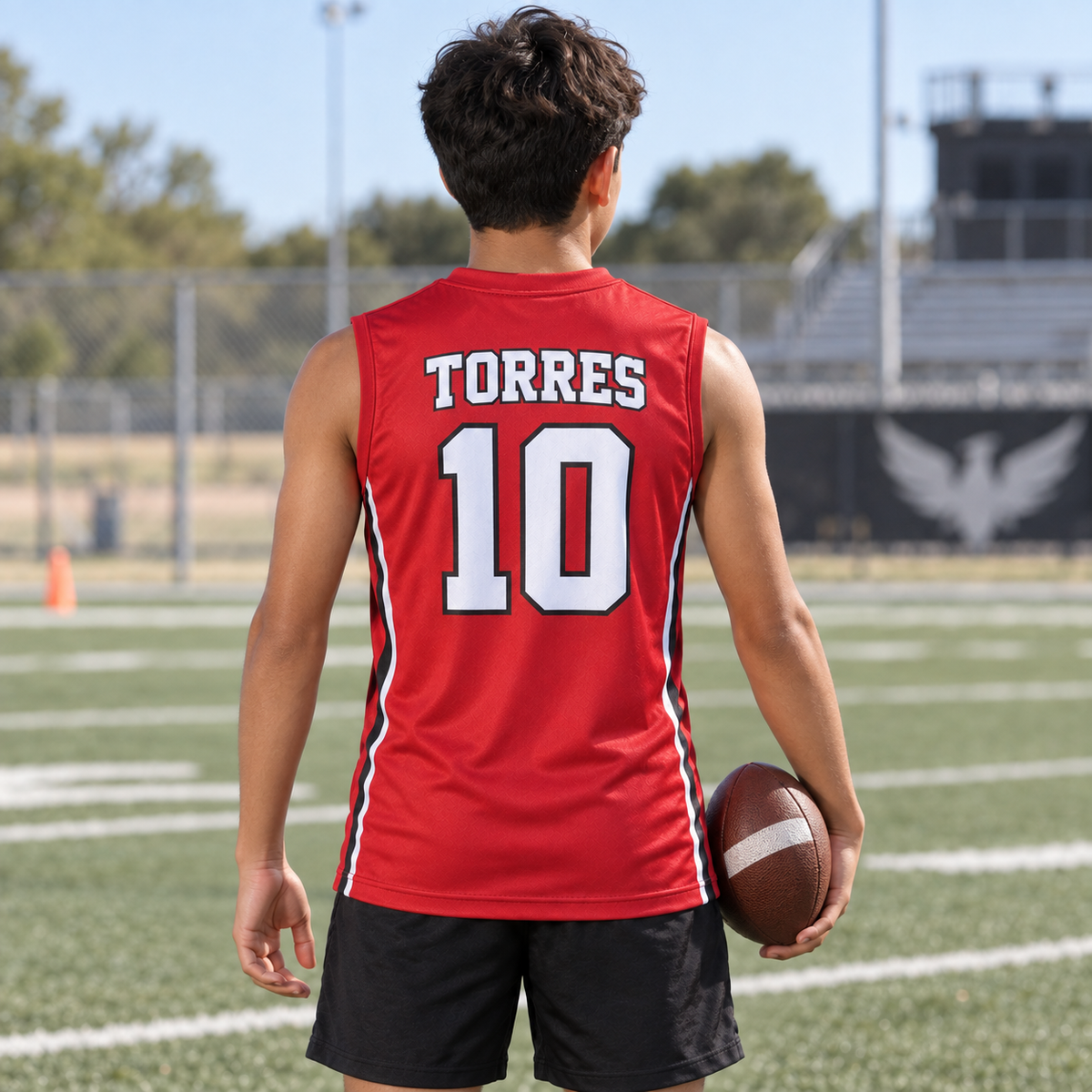 Scarlet Red custom 7-on-7 football jersey on a boy, back campaign view with TORRES and number 10; AI-generated customization example