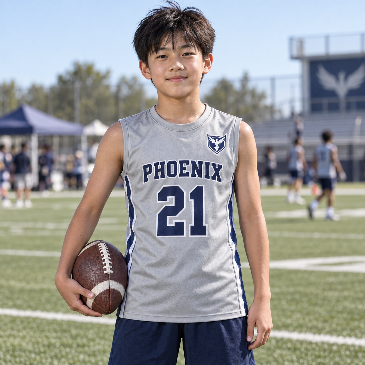 Silver custom 7-on-7 football jersey on a boy, front campaign view with crest and number 21; AI-generated customization example