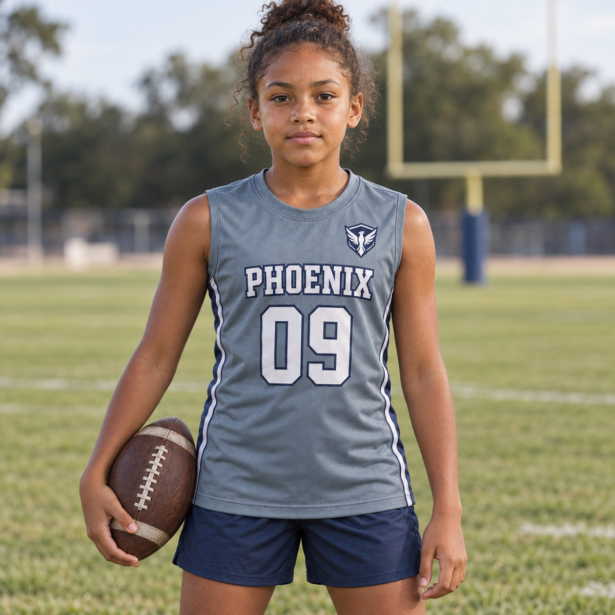 Steel Grey custom 7-on-7 football jersey on a girl, front campaign view with crest and number 09; AI-generated customization example
