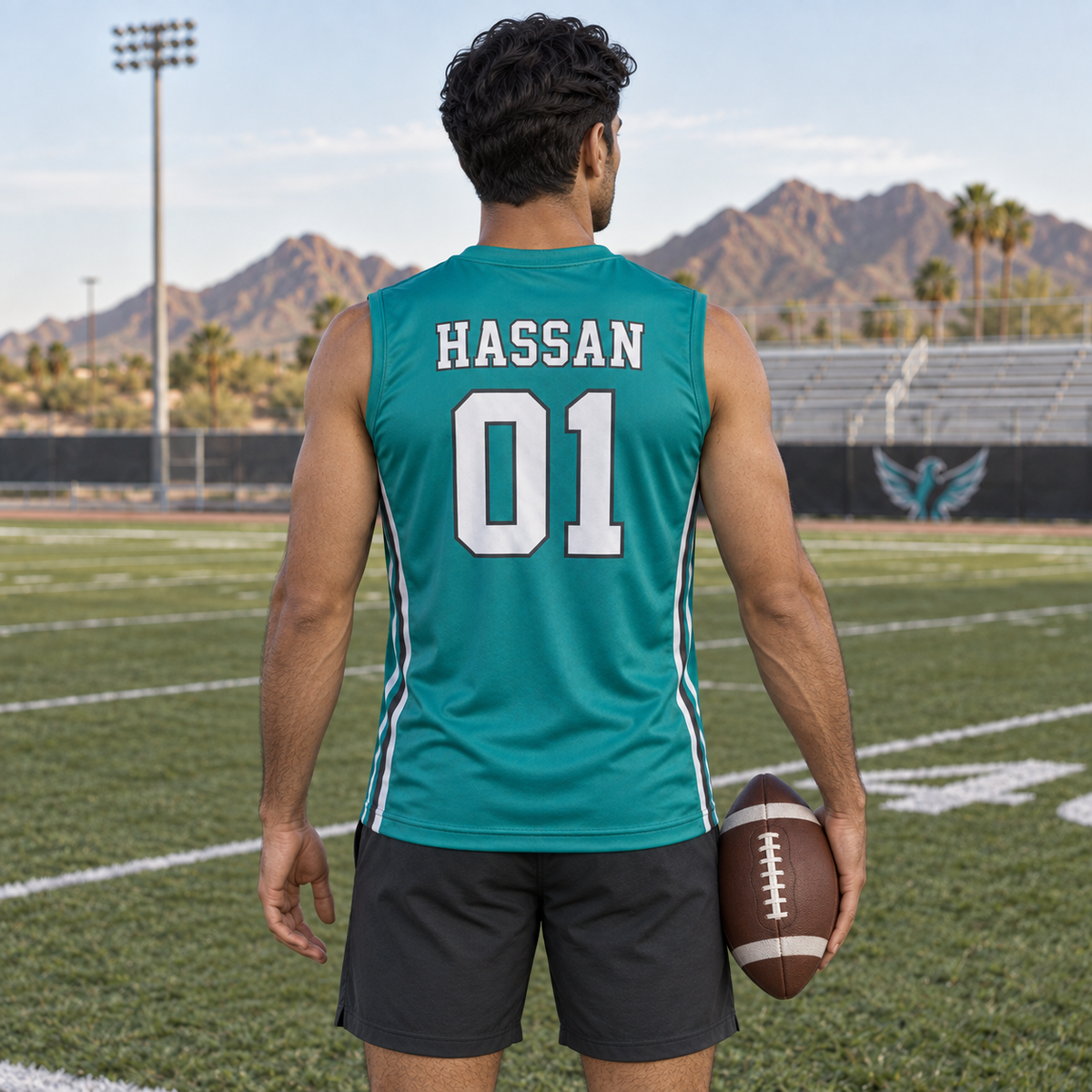 Teal custom 7-on-7 football jersey on a man, back campaign view with HASSAN and number 01; AI-generated customization example