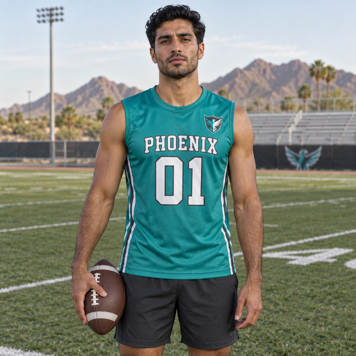 Teal custom 7-on-7 football jersey on a man, front campaign view with crest and number 01; AI-generated customization example