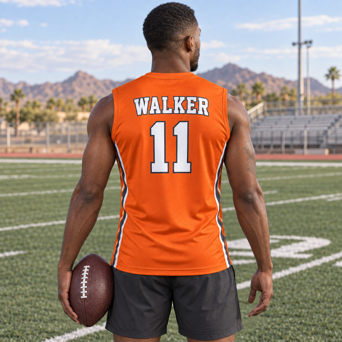 Team Orange custom 7-on-7 football jersey on a man, back campaign view with WALKER and number 11; AI-generated customization example