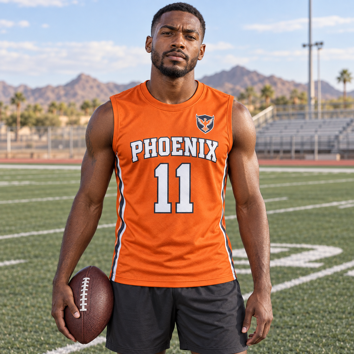 Team Orange custom 7-on-7 football jersey on a man, front campaign view with crest and number 11; AI-generated customization example