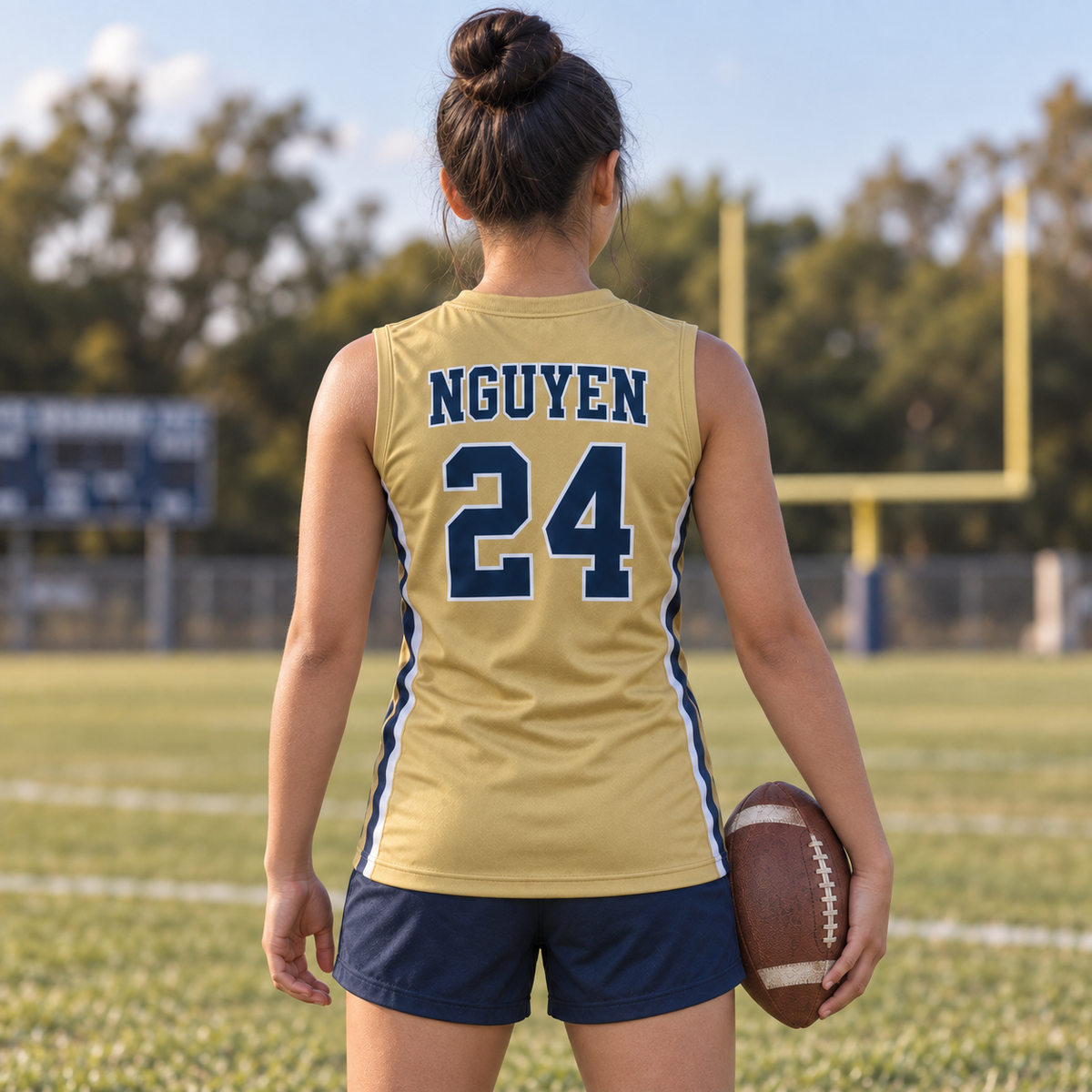 Vegas Gold custom 7-on-7 football jersey on a girl, back campaign view with NGUYEN and number 24; AI-generated customization example