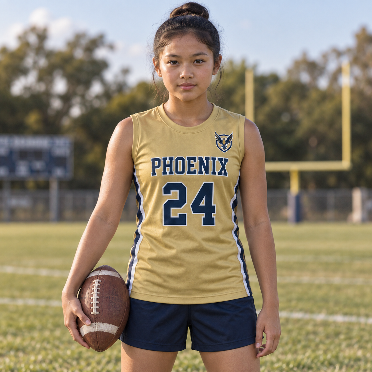 Vegas Gold custom 7-on-7 football jersey on a girl, front campaign view with crest and number 24; AI-generated customization example