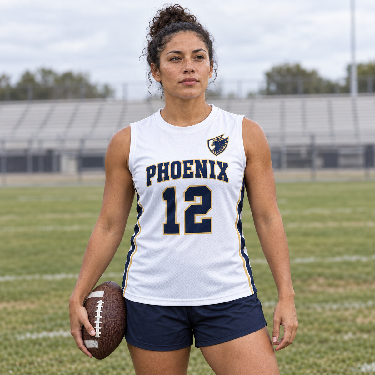 White custom 7-on-7 football jersey on a woman, front campaign view with crest and number 12; AI-generated customization example