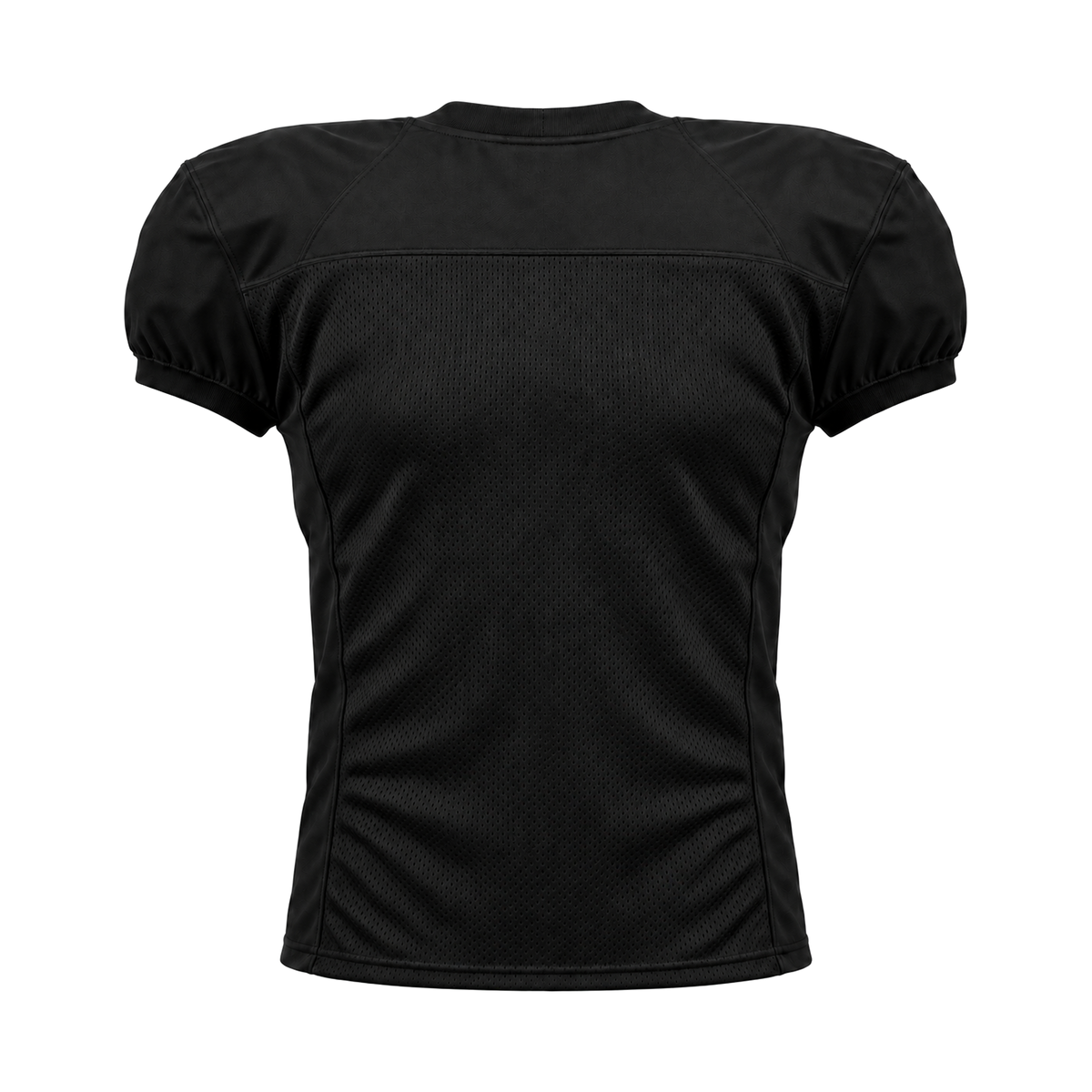 Black American Football Jersey — back studio view with knitted mesh and tonal panel seams, transparent background